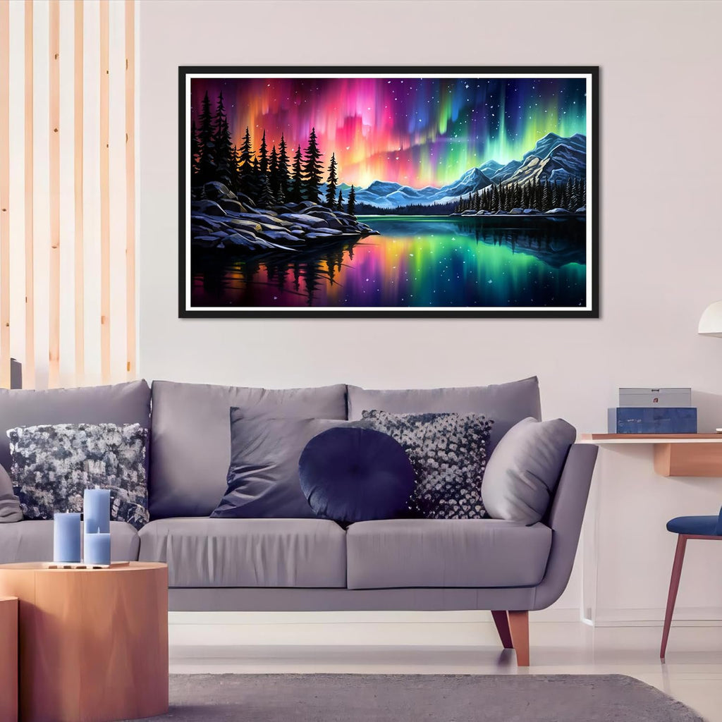 Framed diamond art painting of a vibrant aurora borealis over a lake with mountains and pine trees