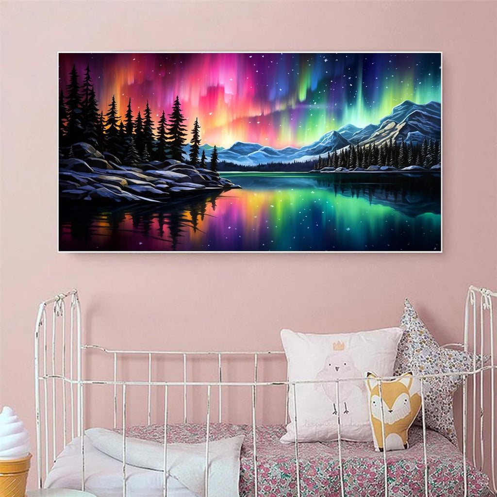 Diamond painting kit featuring a vibrant aurora borealis over a serene lake and snow-capped mountains, with pine trees in the foreground.