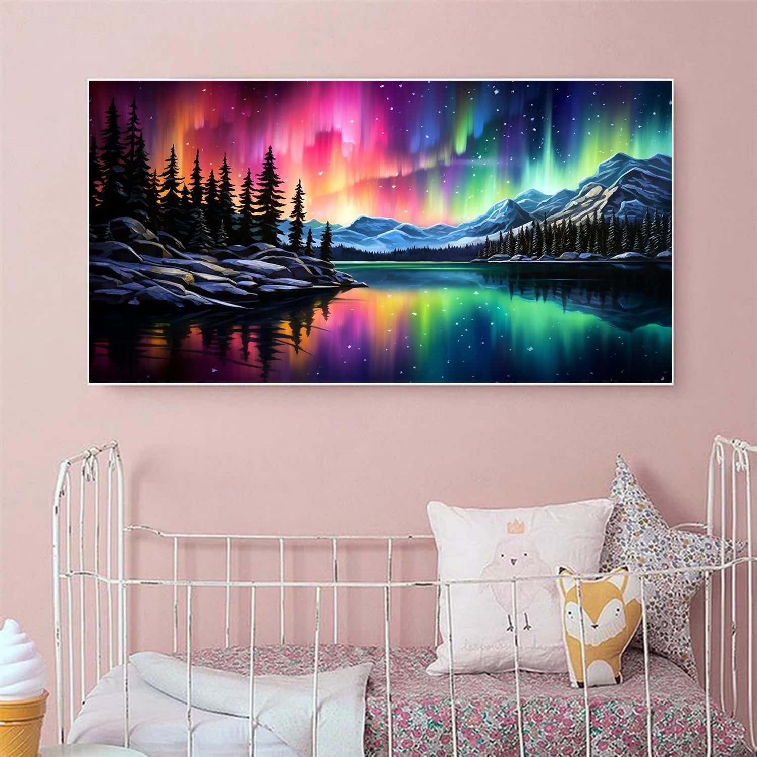 Diamond painting kit featuring a vibrant aurora borealis over a serene lake and snow-capped mountains, with pine trees in the foreground.
