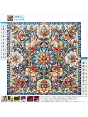 5D mandala diamond painting kit with floral pattern, showing color chart and instructions.