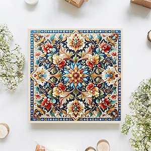 Square 5D mandala diamond painting kit with floral pattern, top-down view on white surface with floral accents.