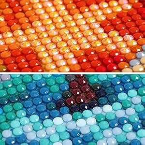 Close-up of two diamond painting sections showing colorful beads arranged in patterns.