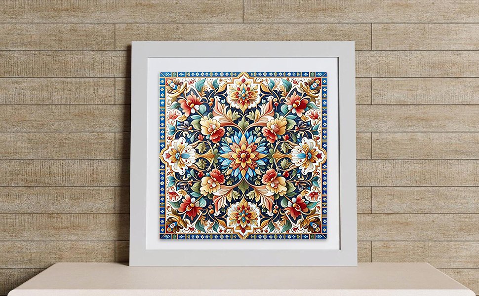 Framed 5D mandala diamond painting kit with floral pattern displayed on a wooden wall background.