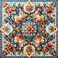 Intricate floral mandala pattern with red, yellow, blue, and green elements on a dark blue background, framed by a blue tiled border.