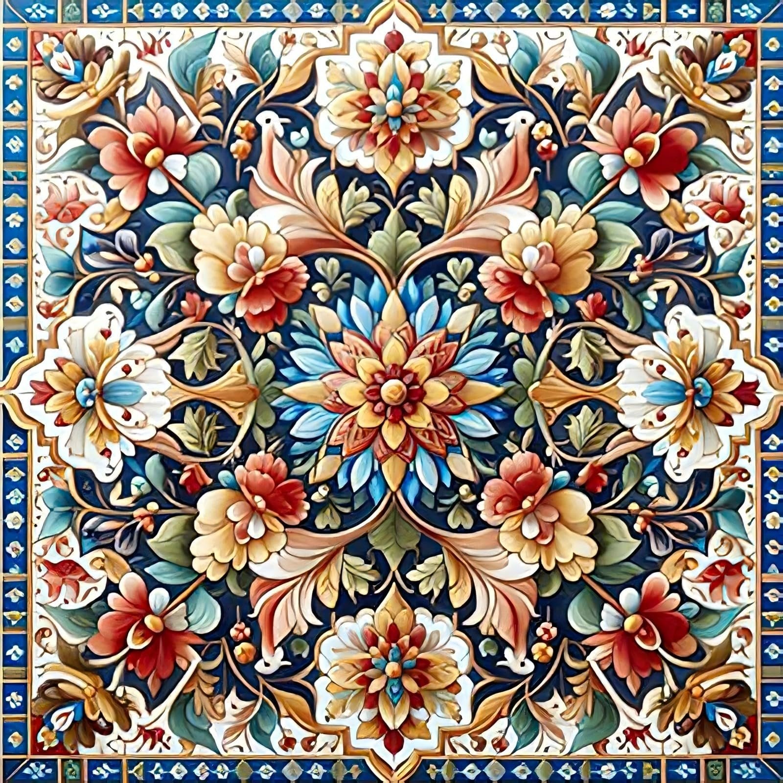 Intricate floral mandala pattern with red, yellow, blue, and green elements on a dark blue background, framed by a blue tiled border.