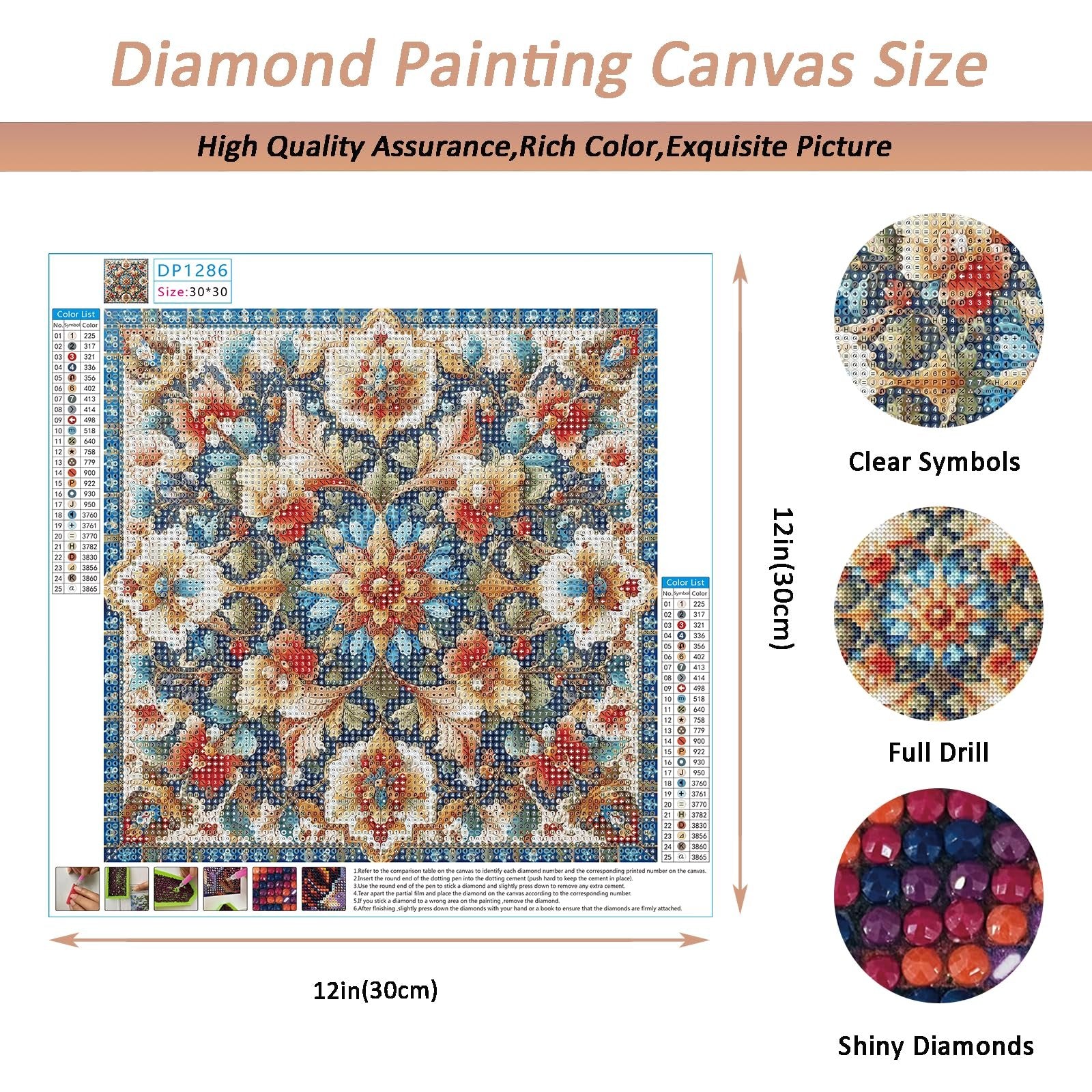 Diamond painting kit with floral mandala pattern, color list, and instructions. Includes close-ups of clear symbols, full drill, and shiny diamonds.