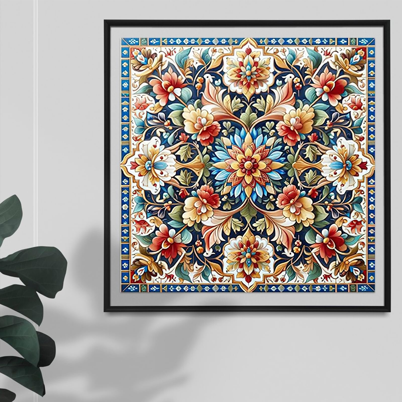 Framed 5D mandala diamond painting kit with intricate floral pattern in red, yellow, blue, and green on a dark blue background.