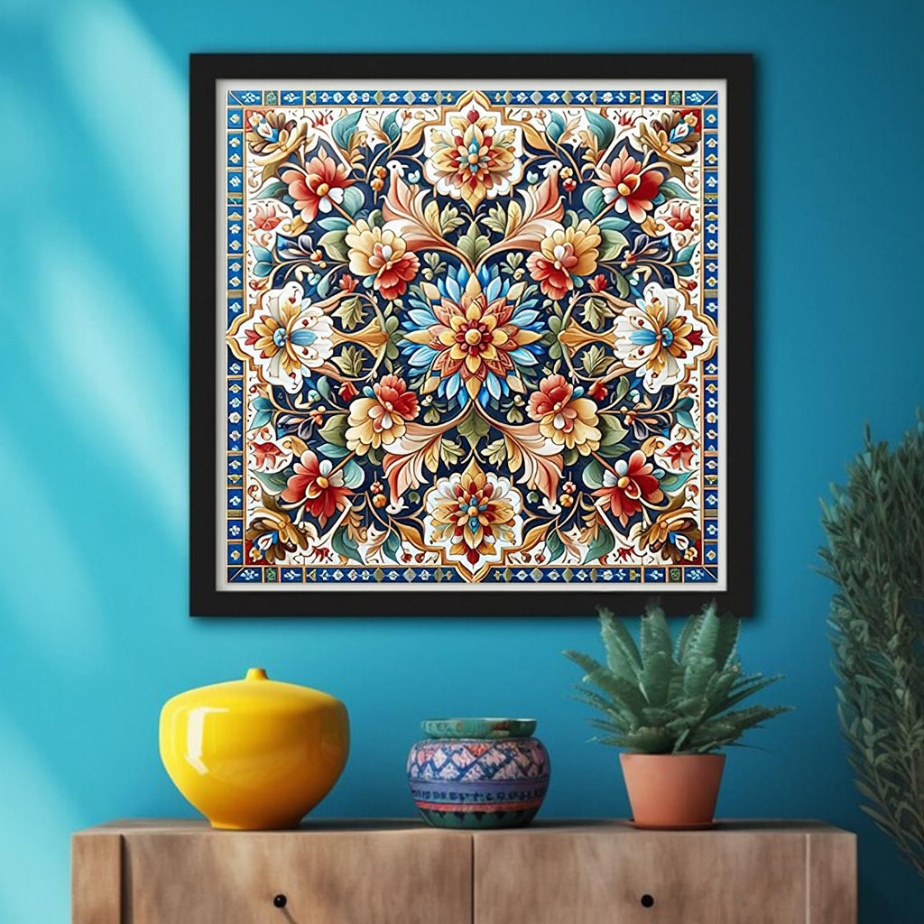 Framed 5D mandala diamond painting with floral pattern hanging on a blue wall above a wooden cabinet with decorative items.