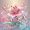 Pink lily flower with iridescent petals and flowing ribbons, surrounded by sparkles and small star-like elements.
