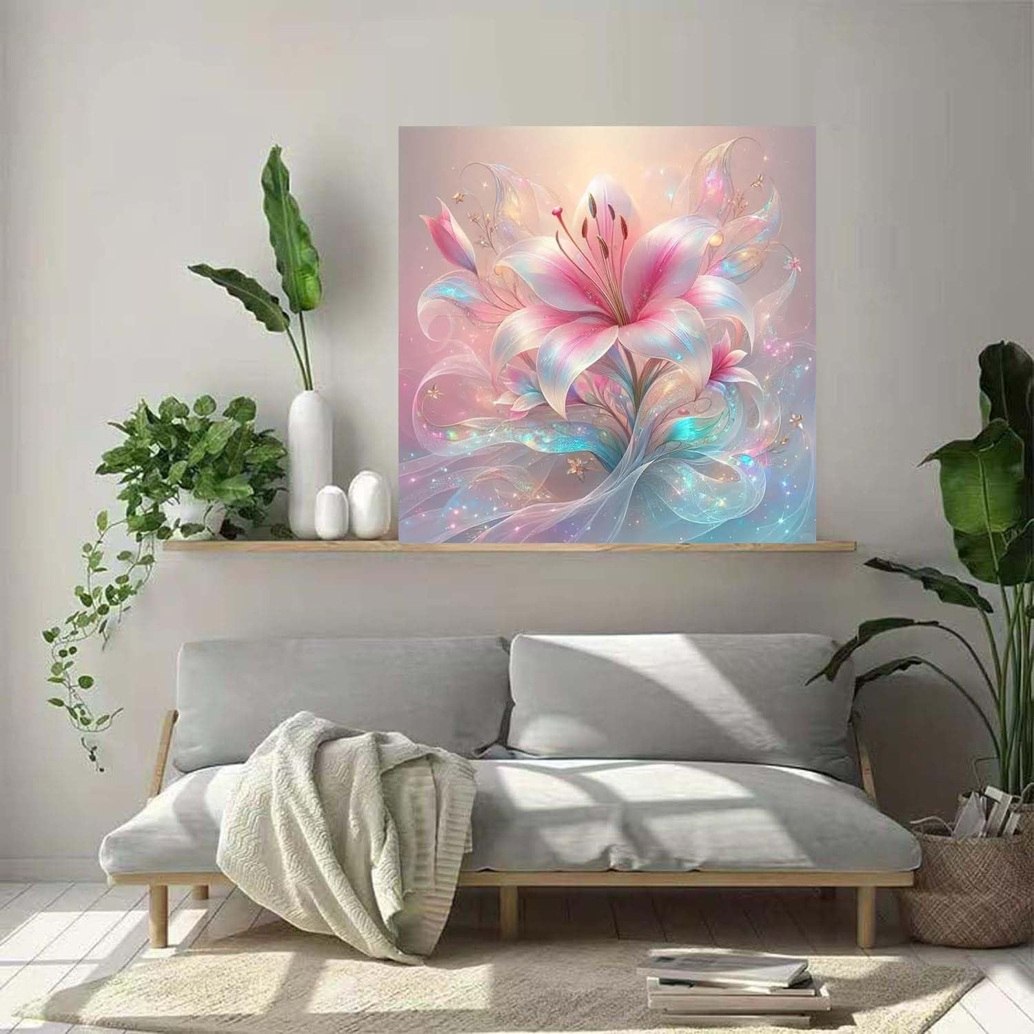 Pink and blue abstract lily flower diamond painting art displayed on a wall above a sofa.