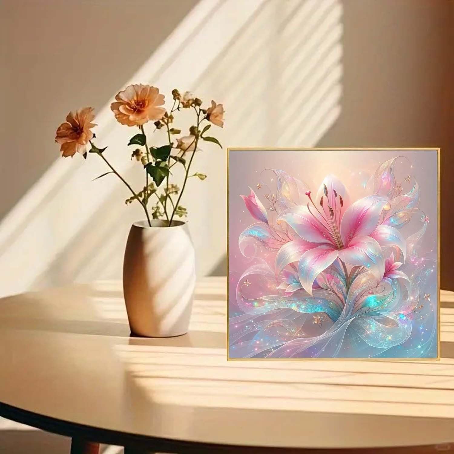 Diamond painting kit featuring a pink lily with iridescent petals and swirling ribbons, framed in gold, on a table next to a vase of flowers.