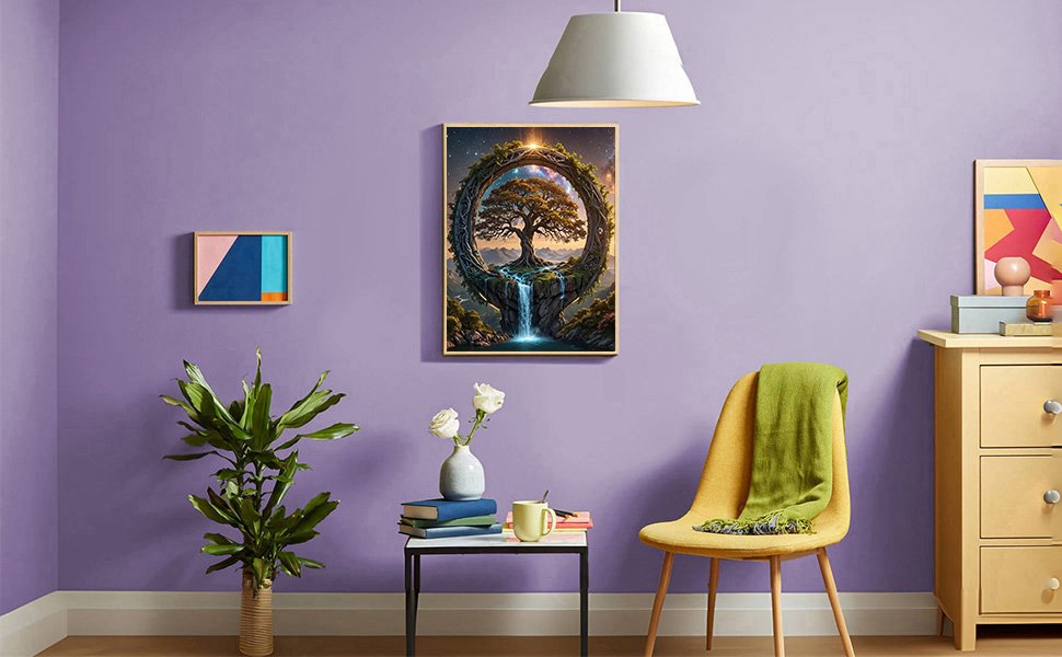 Diamond painting of a tree of life with a waterfall, displayed in a living room setting.