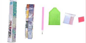 Diamond painting kit contents including canvas tube, diamond bags, pink applicator, green tray, and wax.
