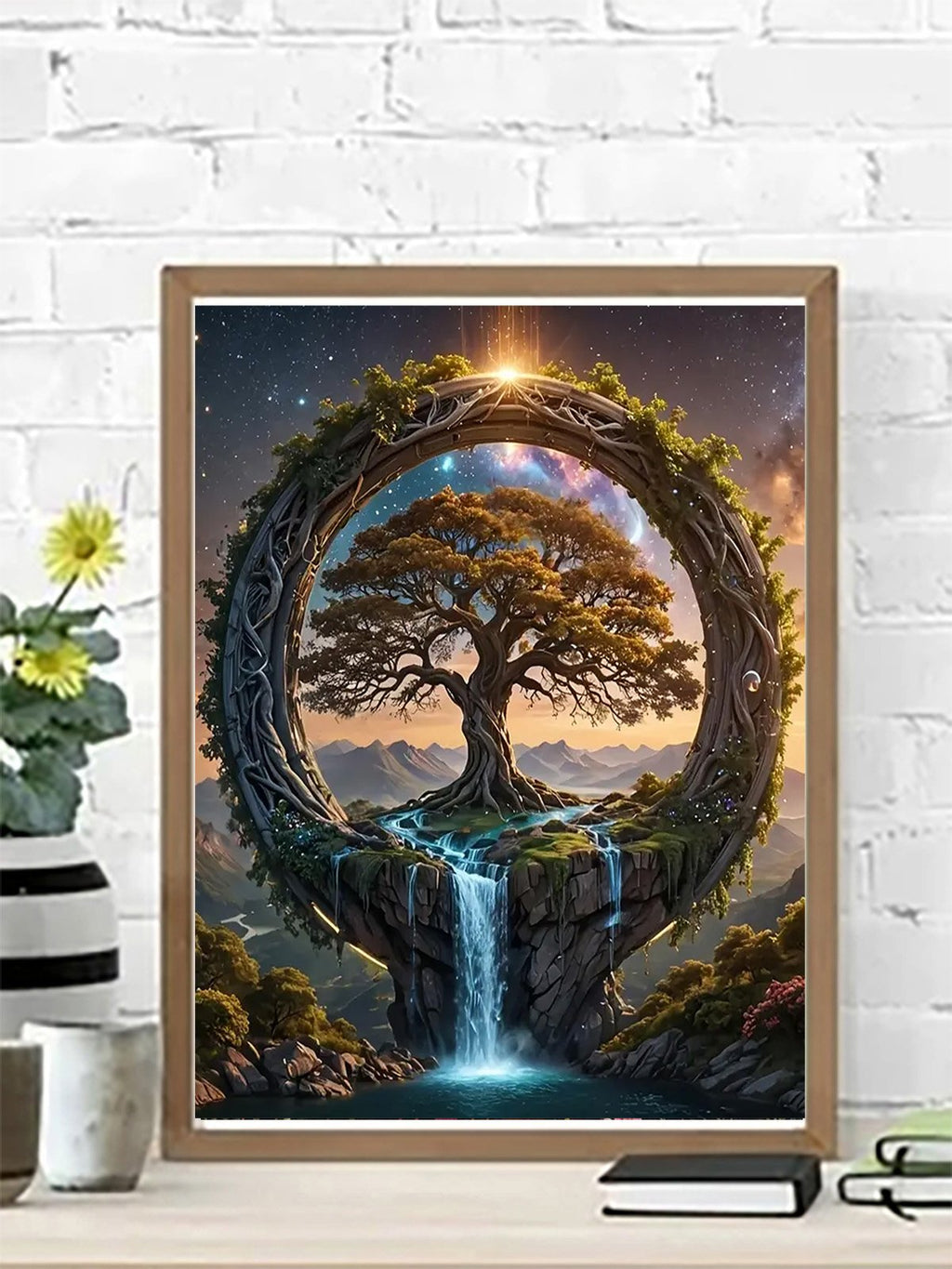 Diamond painting kit featuring a fantasy tree of life with a waterfall and starry sky, framed by intertwined branches.
