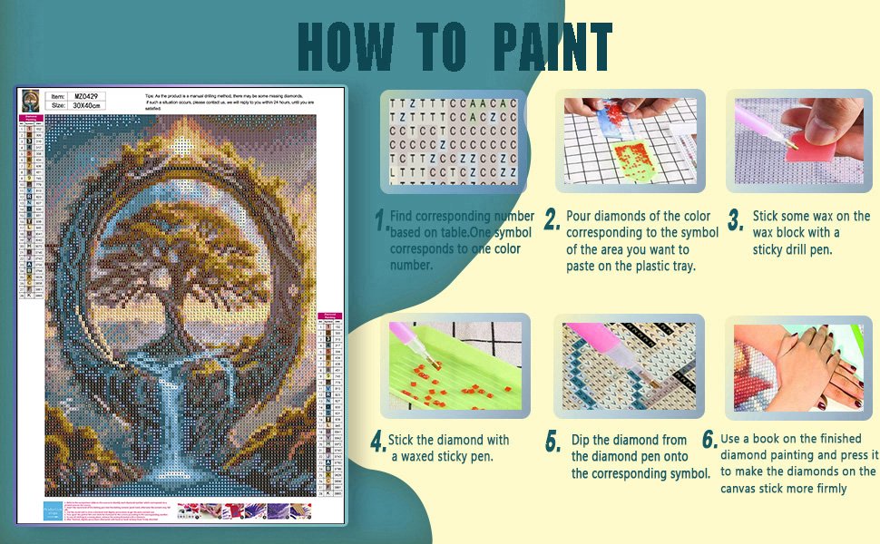 Diamond painting kit instructions showing a tree of life design and step-by-step application process.
