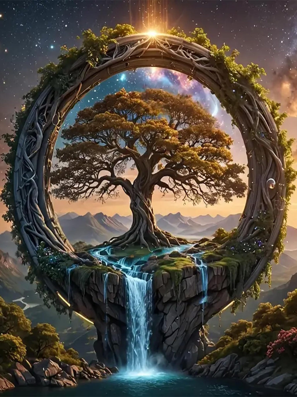 Fantasy tree of life with waterfall and starry sky within a circular frame, digital art.