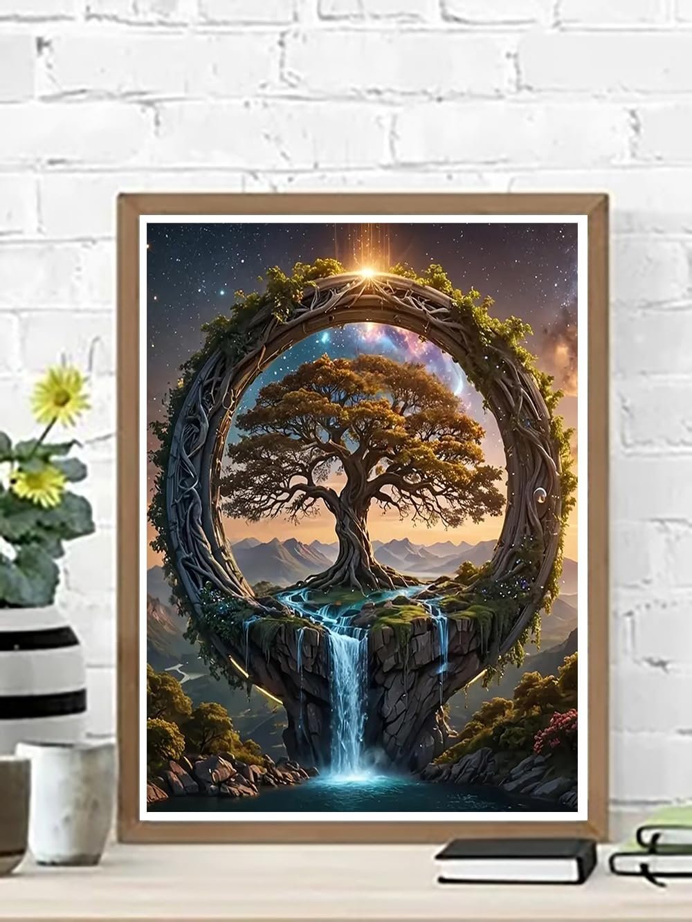 Diamond painting kit featuring a mystical tree of life with a waterfall, set within a circular frame against a starry sky and mountains.