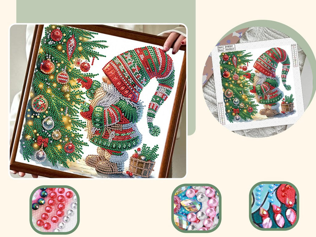 Diamond painting kit featuring a Christmas gnome next to a decorated tree, with close-ups of rhinestones and a symbol key.