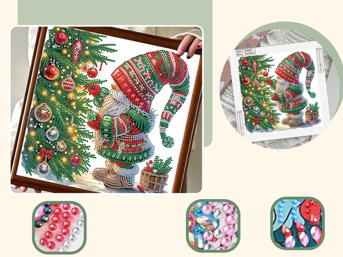 Diamond painting kit featuring a Christmas gnome next to a decorated tree, with close-ups of rhinestones and a symbol key.