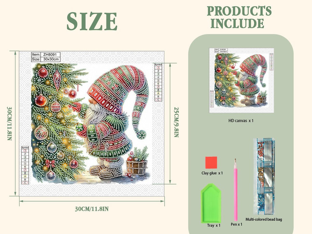 Diamond painting kit featuring a Christmas gnome next to a decorated tree, with dimensions and product inclusions shown.