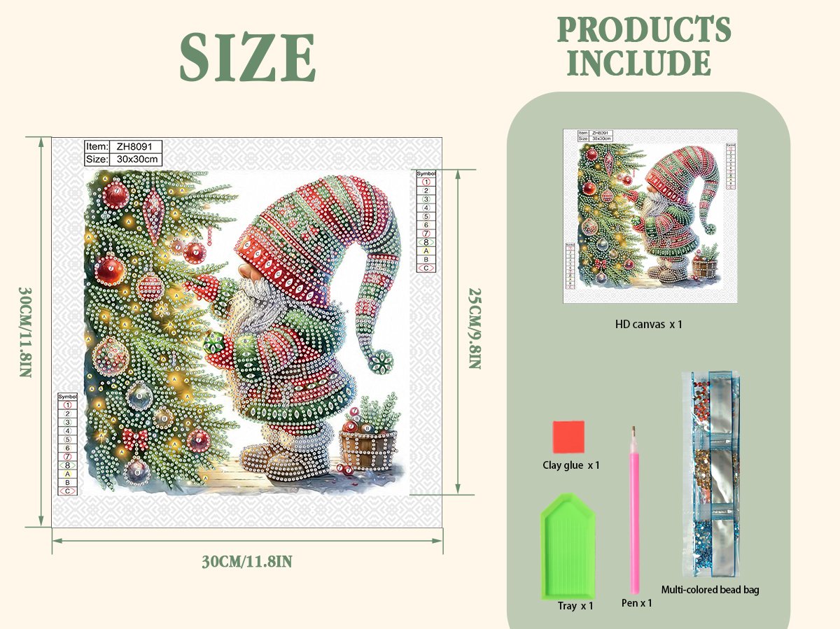 Diamond painting kit featuring a Christmas gnome next to a decorated tree, with dimensions and product inclusions shown.