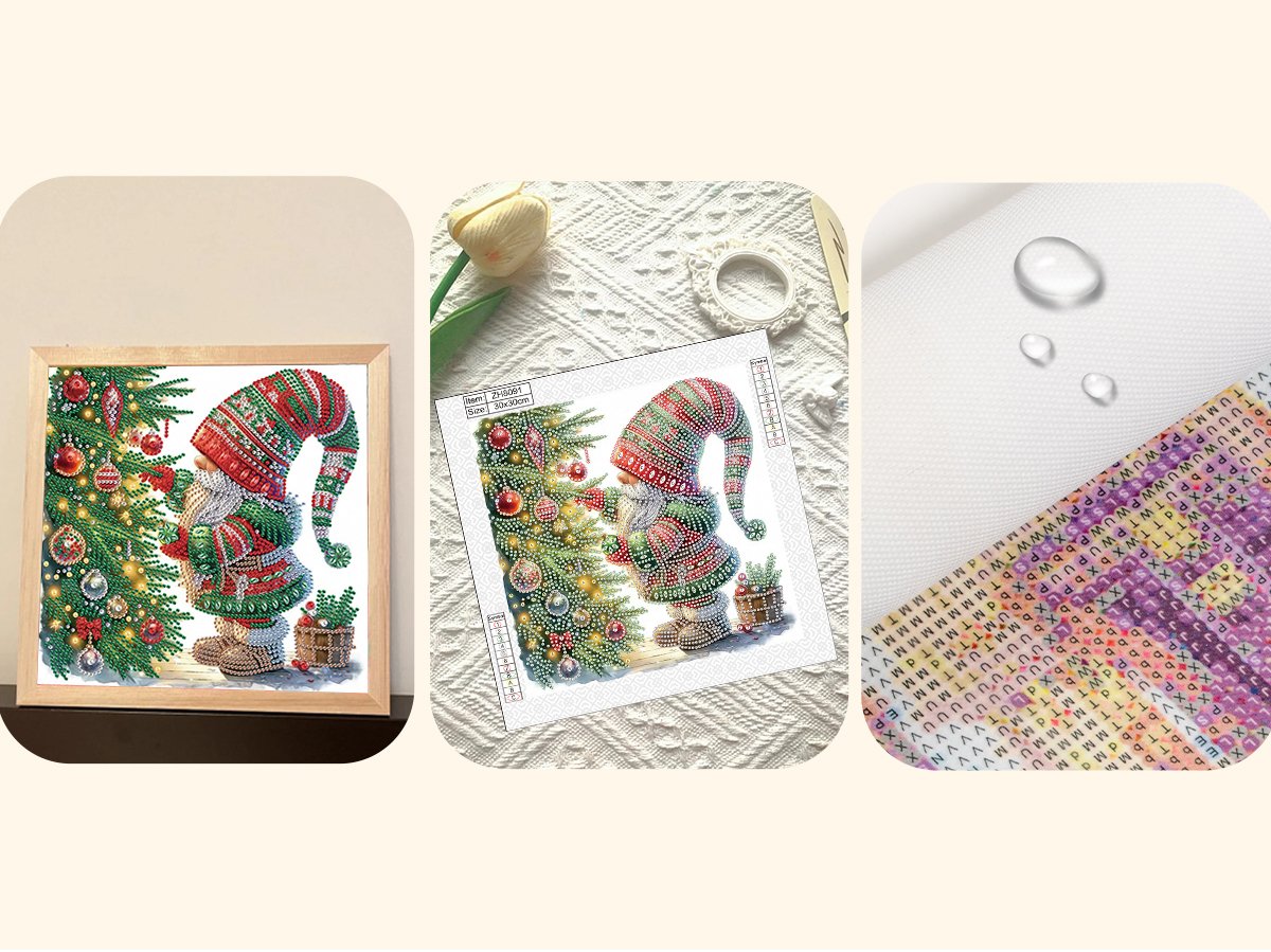 Diamond painting kit featuring a gnome decorating a Christmas tree, shown framed, on paper, and close-up of rhinestones.