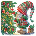 Diamond painting of a Christmas gnome next to a decorated tree, with a small potted plant.