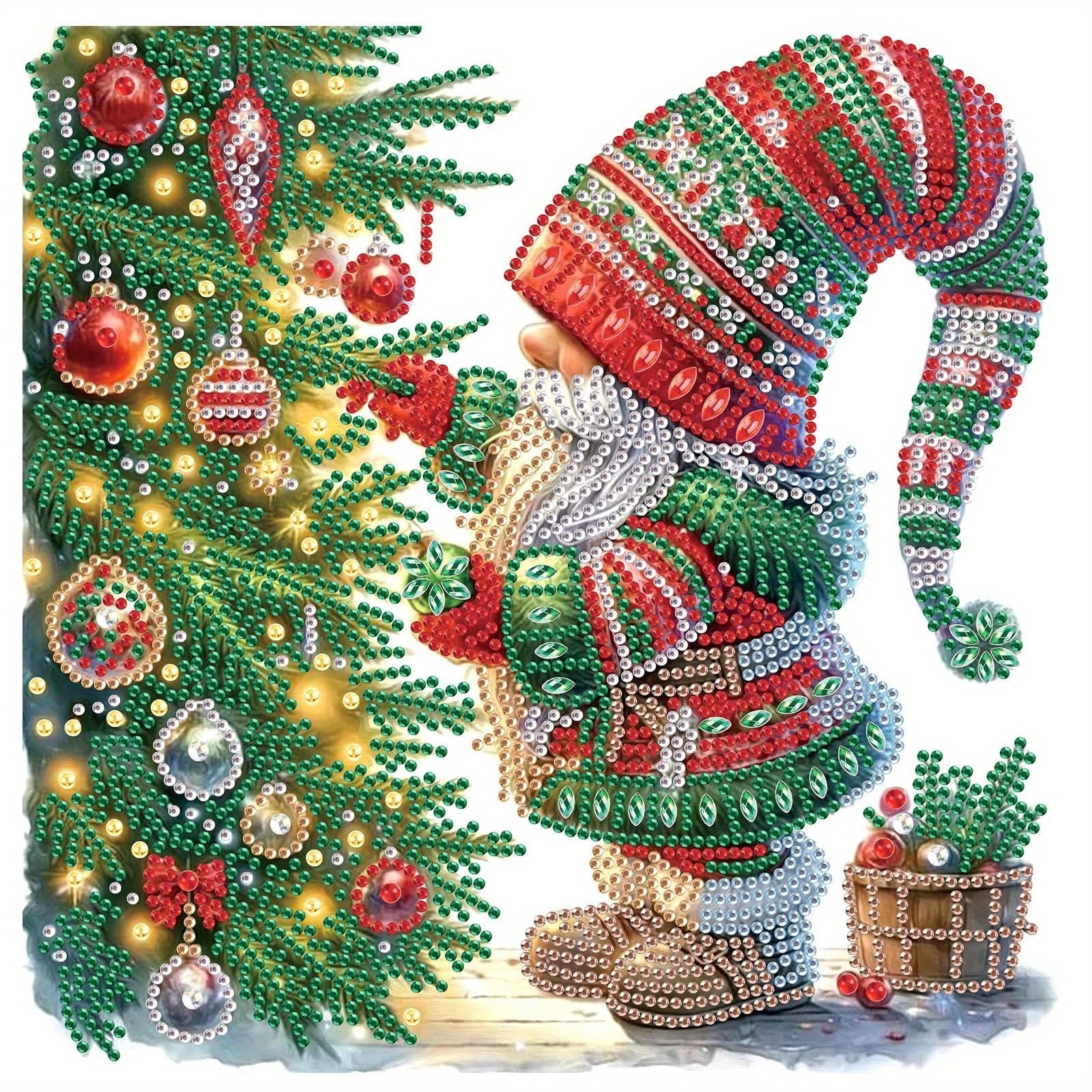 Diamond painting of a Christmas gnome next to a decorated tree, with a small potted plant.