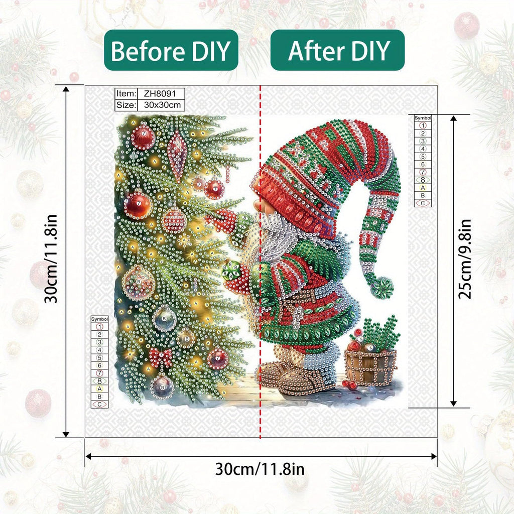 Diamond painting kit showing a Christmas tree and gnome, before and after completion. Includes symbol key and dimensions.