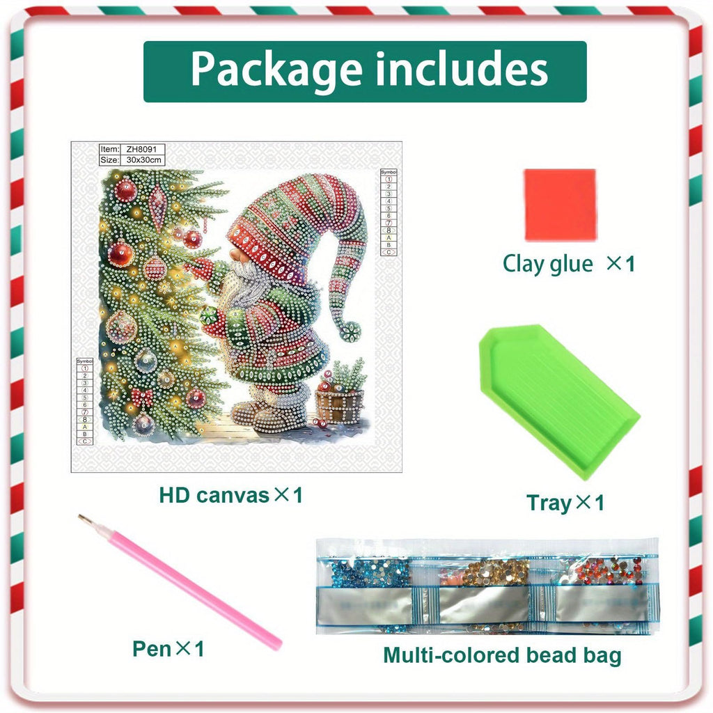 Diamond painting kit contents including HD canvas with gnome and Christmas tree design, pen, clay glue, tray, and multi-colored bead bags.