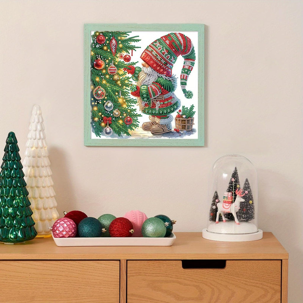 Diamond painting kit of a gnome by a Christmas tree, displayed on a shelf with festive decorations.