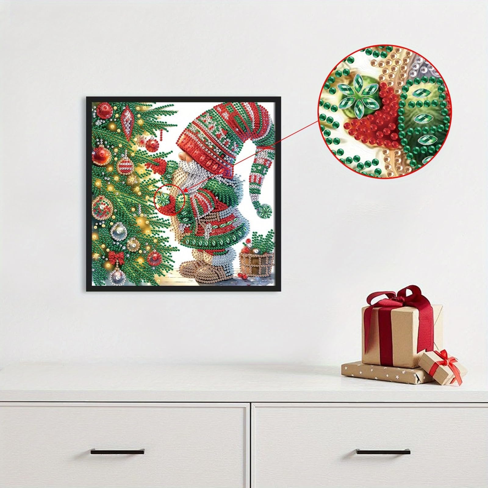 Diamond painting kit of a Christmas gnome by a tree, with a close-up inset showing rhinestone detail.