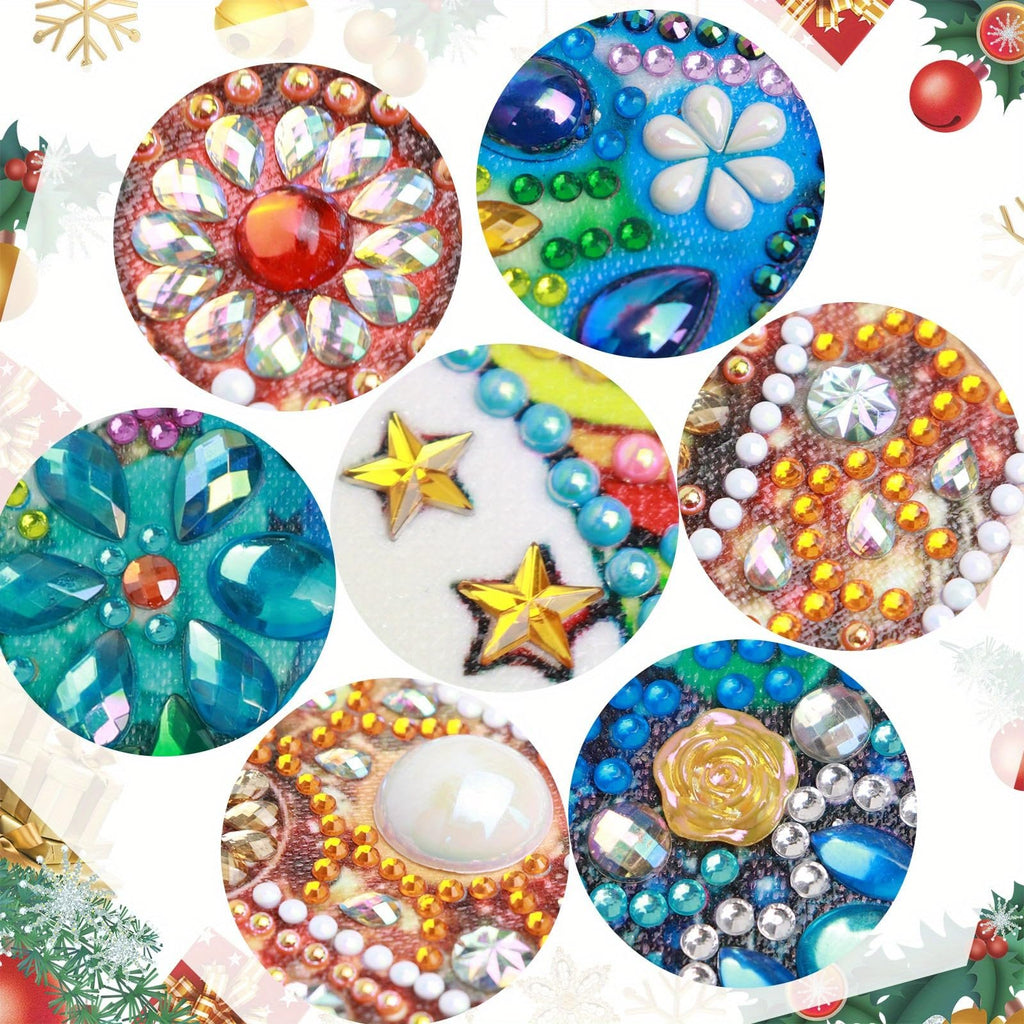 Collage of seven circular close-ups of diamond painting designs featuring rhinestones and beads in floral and star patterns.