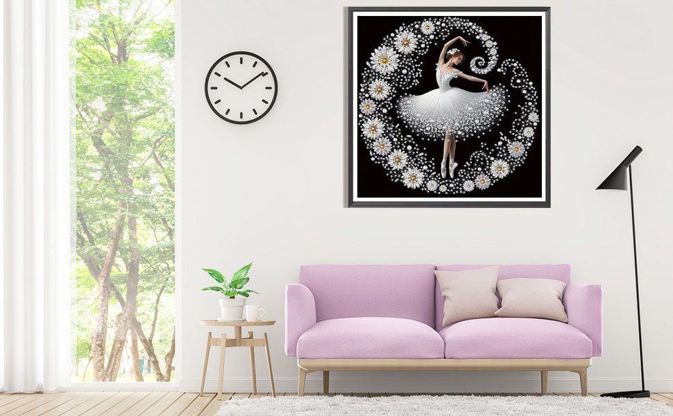 Diamond art painting of a ballerina surrounded by flowers, displayed on a wall above a sofa.