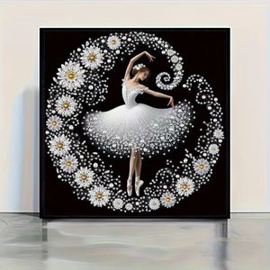 5D diamond art kit featuring a ballerina in a white tutu surrounded by a swirling pattern of flowers and rhinestones on a black background.