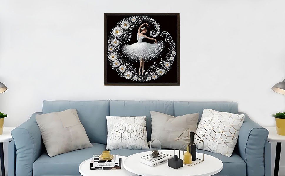Diamond art painting of a ballerina surrounded by daisies, framed and hanging above a sofa.