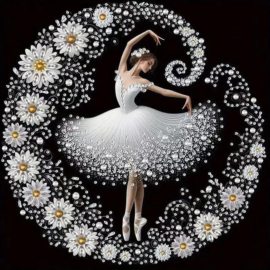 Diamond painting kit featuring a ballerina in a white tutu surrounded by white flowers and pearls on a black background.