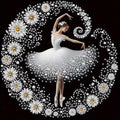 Diamond painting kit featuring a ballerina in a white tutu surrounded by white flowers and pearls on a black background.