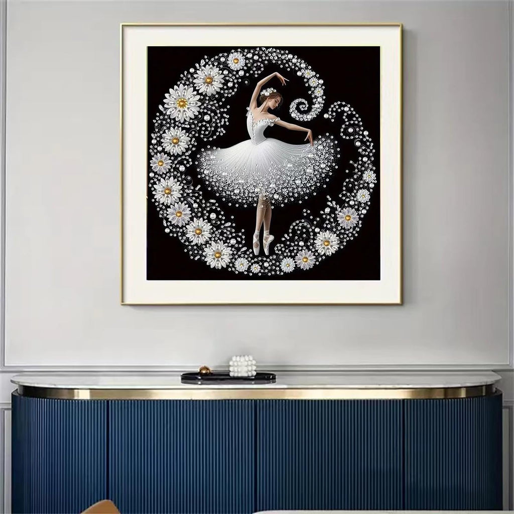 Diamond painting kit featuring a ballerina surrounded by flowers and rhinestones on a black background.