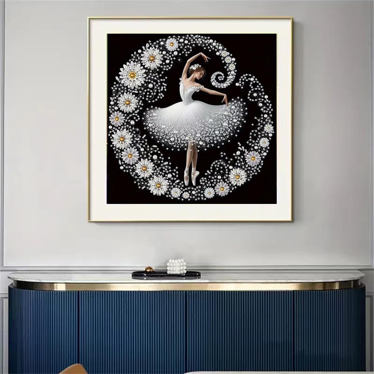 Diamond painting kit featuring a ballerina surrounded by flowers and rhinestones on a black background.