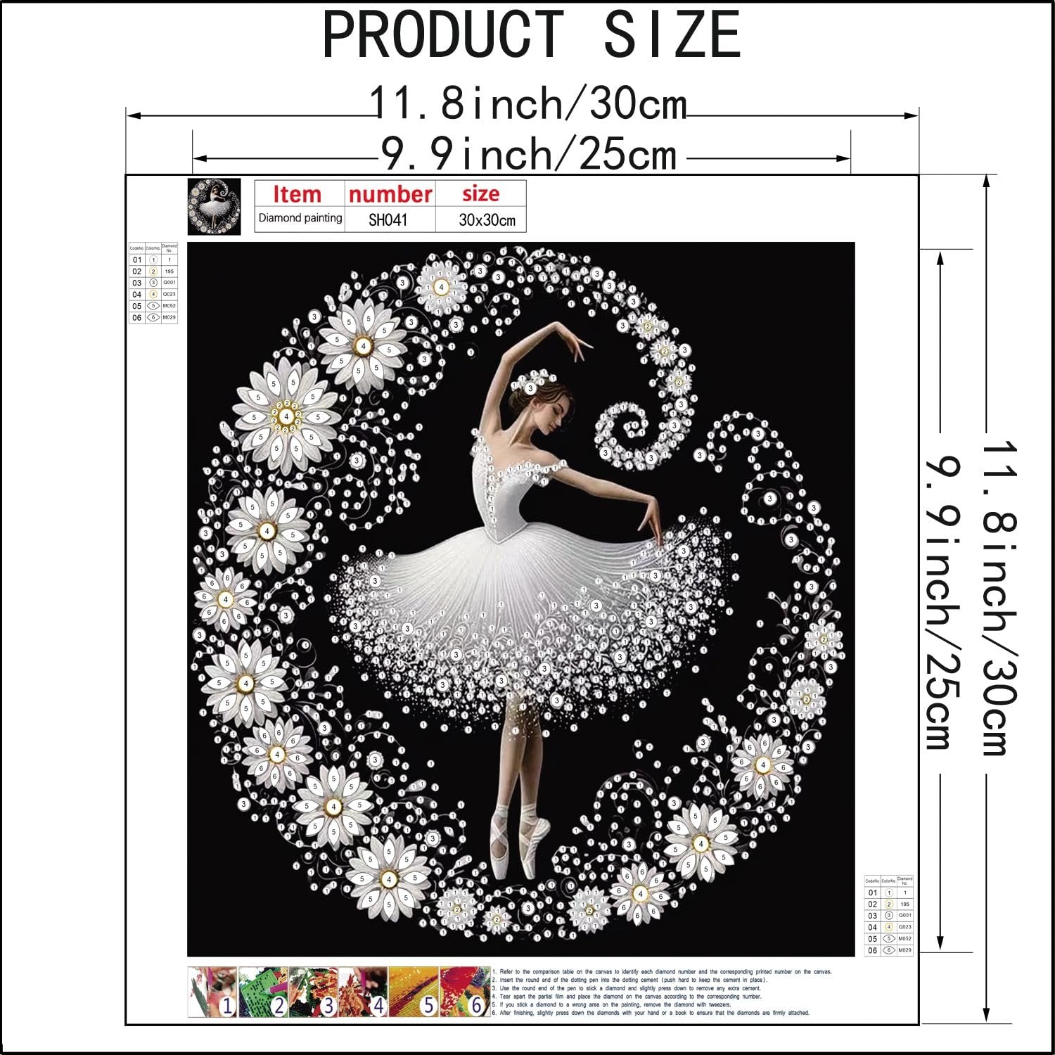 Diamond painting kit featuring a ballerina in a white tutu surrounded by floral patterns on a black background. Includes size and instruction overlays.