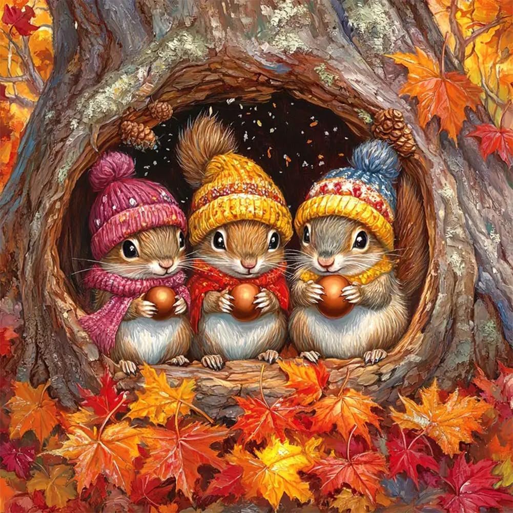 Three cute squirrels wearing knitted hats and scarves, holding acorns inside a tree hollow surrounded by autumn leaves.