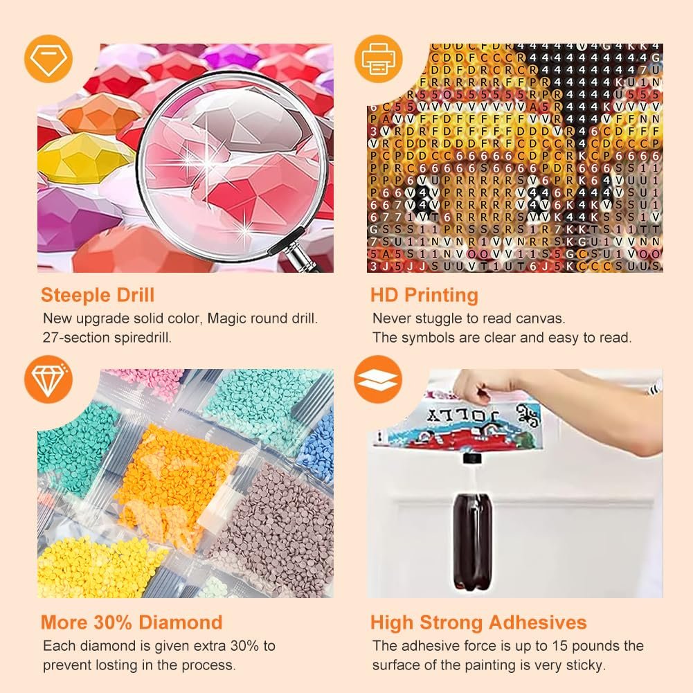 Diamond painting kit showing a magnifying glass over colorful beads, a grid of symbols, bags of beads, and an adhesive application.