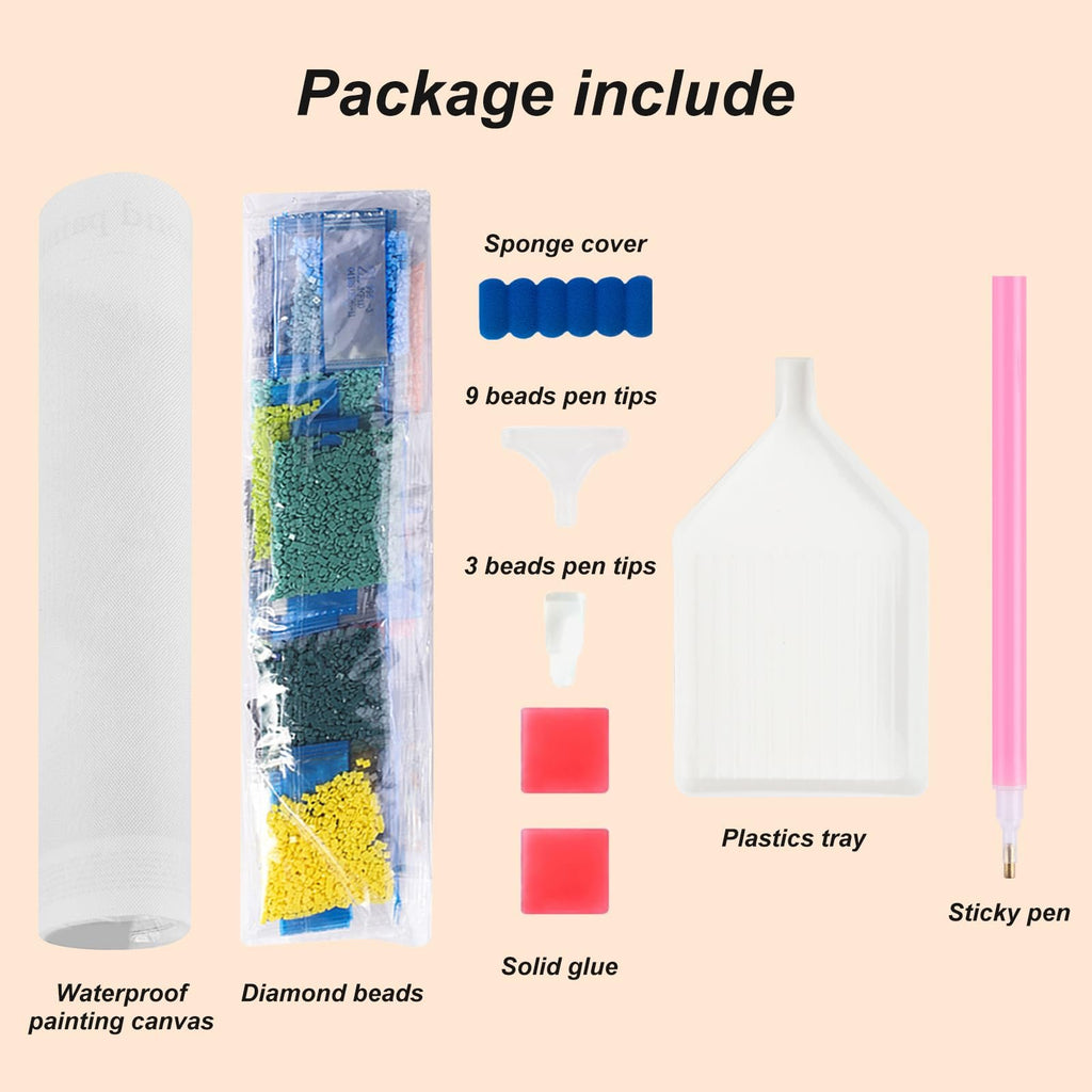 Diamond painting kit contents laid out, showing canvas, beads, pens, tray, and glue.