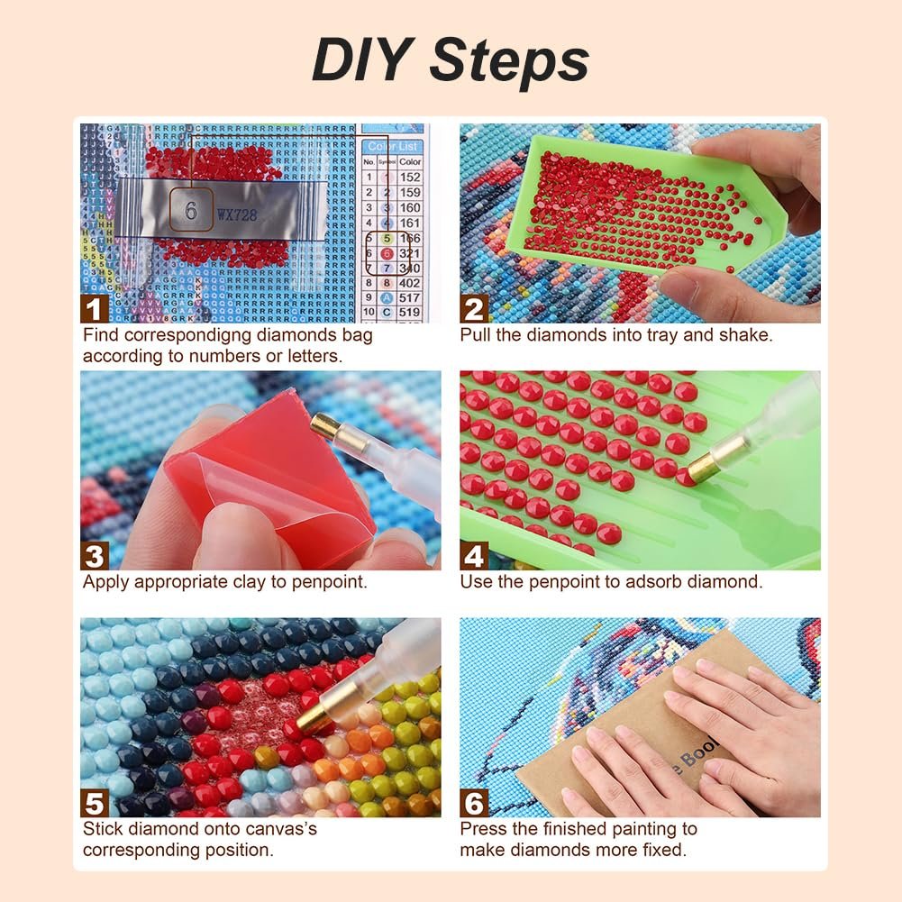 Diamond painting kit instructions showing 6 steps: finding diamond bags, shaking diamonds in tray, applying clay, adsorbing diamonds, sticking diamonds, and pressing finished painting.