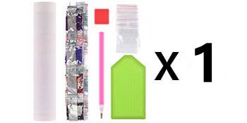 Diamond painting kit contents including a rolled canvas, diamond bags, applicator tool, and tray, with a quantity indicator 'x1'.
