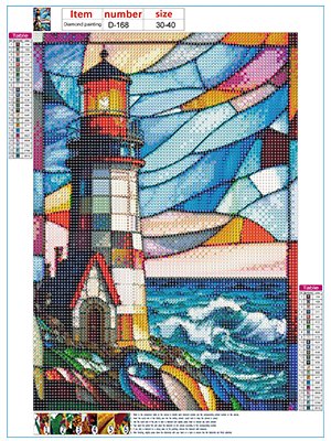 Diamond painting kit featuring a lighthouse on a rocky shore with waves under a colorful sky, shown as a completed mosaic.