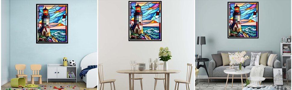 Diamond painting kit featuring a stained glass lighthouse on a rocky shore with waves, displayed in three different room settings.