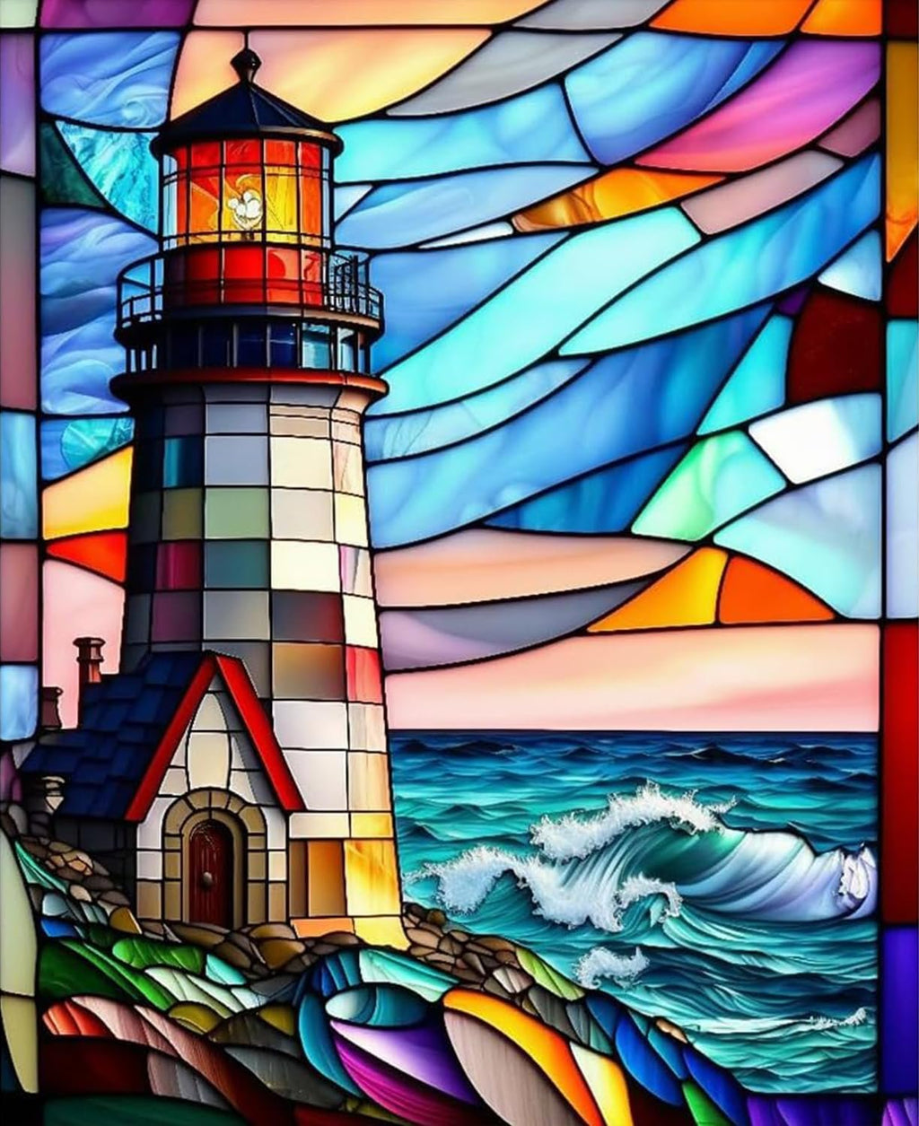 Stained glass art depicting a lighthouse on a rocky shore with waves crashing against it.