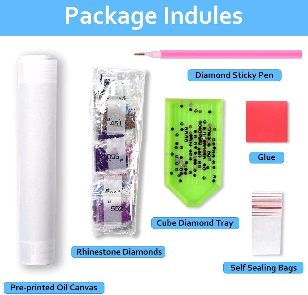Diamond painting kit contents laid out: rolled canvas, bags of rhinestones, diamond sticky pen, cube diamond tray, glue, and self-sealing bags.